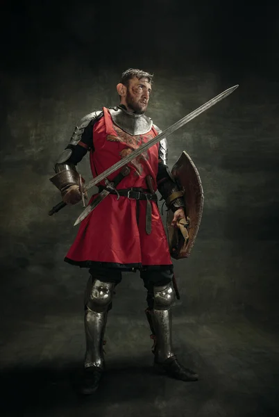 Portret van een brutale bebaarde man, medeivale krijger of ridder met vuil gewond gezicht. Totale lengte — Stockfoto
