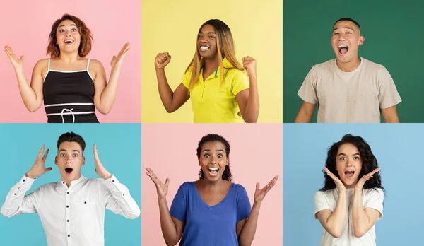 Six young people, men and women isolated over multicolored backgrounds. — Stock Photo, Image