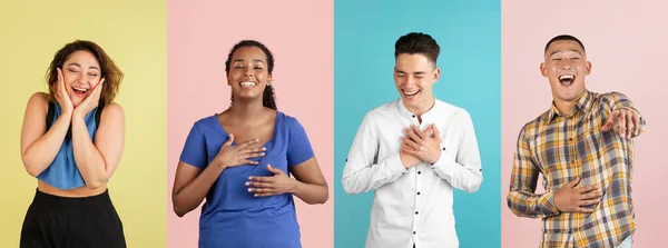 Four cheerful laughing young people, men and women isolated over colored backgrounds. Collage, flyer — Stock Photo, Image