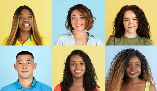 Колаж з шести спокійних усміхнених молодих людей, чоловіків і жінок ізольовані на кольоровому фоні . — стокове фото