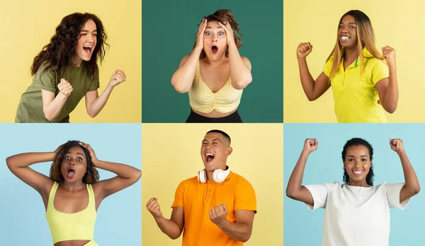 Win, winnaar. Collage van zes jongeren, mannen en vrouwen geïsoleerd over gekleurde achtergronden. — Stockfoto