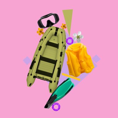 Tekne, yüzme. Pembe arka planda yüzme özellikleri olan yaratıcı statik kompozisyon. Boş zaman aktiviteleri