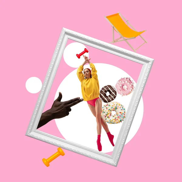 Creative composition in magazine style with ballerina and donuts in picture frame. — Stock Photo, Image