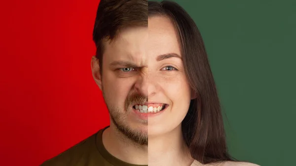 Two halves of young people faces, man and woman over colored backgrounds. Creative collage.