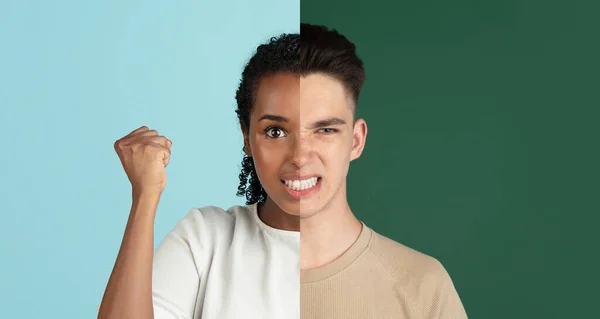 Duas metades de jovens rostos, homem e mulher sobre fundos coloridos. Azul e verde — Fotografia de Stock