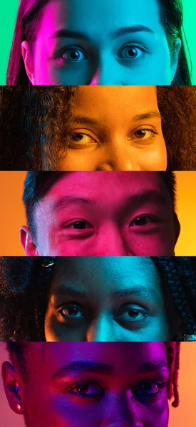 Kollage av beskurna manliga och kvinnliga ögon placerade på smala ränder i neonljus. Flygblad — Stockfoto