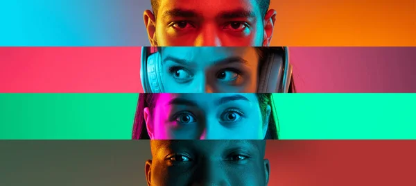 Collage of cropped male and female faces, eyes placed on the center isolated over colored backgrounds in neon lights. — Stock Photo, Image