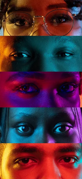 Kırpılmış erkek ve kadın gözlerinden oluşan kolaj neon ışıklarda dar çizgilere yerleştirilmiş. El ilanı — Stok fotoğraf