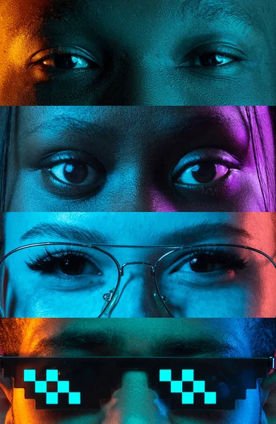 Vertikalt collage av beskärda manliga och kvinnliga ögon placerade på smala ränder i neonljus. — Stockfoto