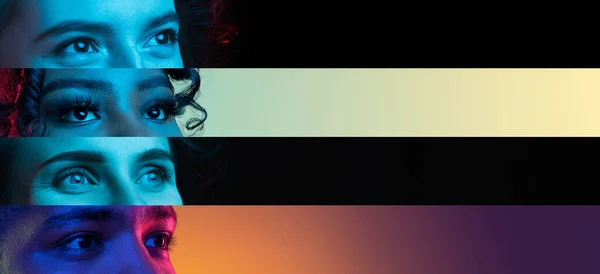 Ulotka. Kolaż przyciętych twarzy męskich i żeńskich, oczy umieszczone po lewej stronie odizolowane od kolorowych neonów. — Zdjęcie stockowe