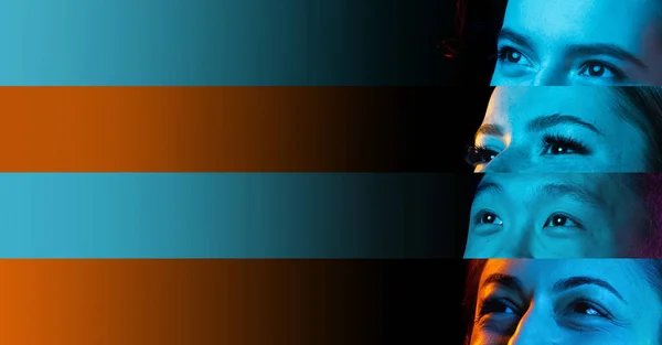 Collage de ojos recortados masculinos y femeninos colocados en rayas angostas oscuras y anaranjadas en luces de neón. —  Fotos de Stock