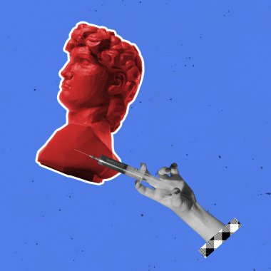 David 'in kafasının aşılandığı çağdaş sanat kolajı. Herkese güvenlik iğnesi