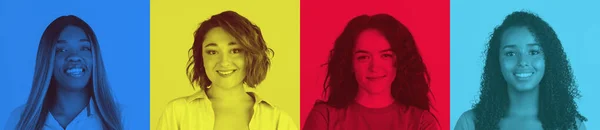 Collage colorato di quattro giovani belle donne sorridenti. Effetto duotono — Foto Stock