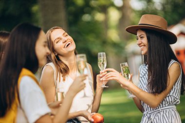 Neşeli kızlar sıcak yaz gününde kırsalda piknik yapıyorlar. Keyifli etkinlik
