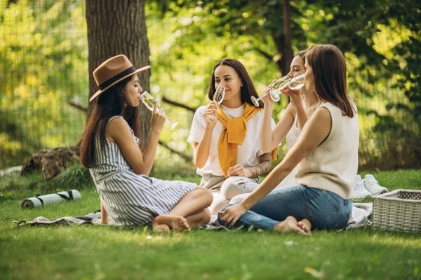 四个漂亮的小女孩坐在草地上野餐 — 图库照片