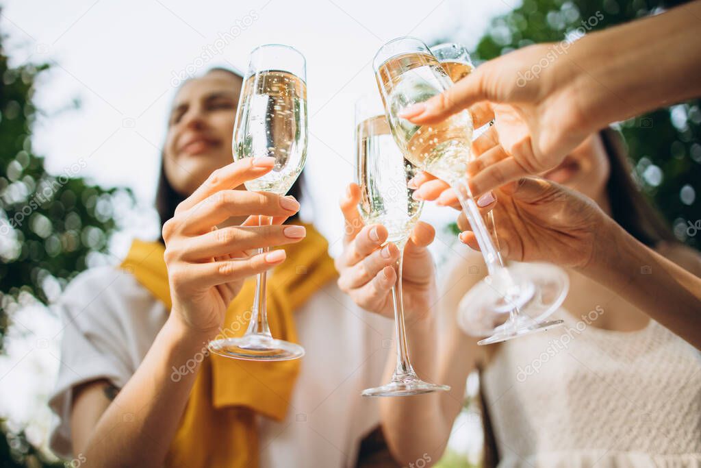 Cropped images of people clinking glasses, party mood