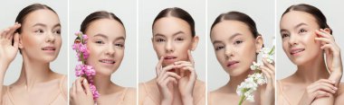 Doğal görünümlü güzel bir kızın yakın plan portrelerinin kolajı.