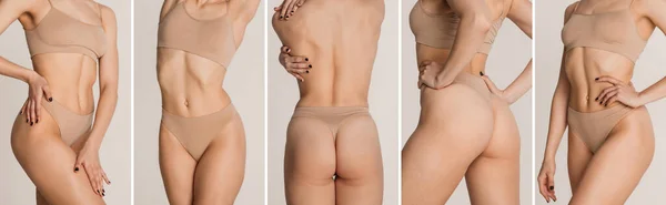 Collage van bijgesneden portret van perfecte slanke gebruinde jonge vrouwelijke lichaam in innerlijke kleding — Stockfoto