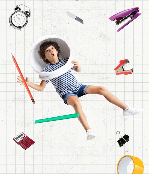 Contemporary art collage of little schoolboy in role of astronaut. Concept of online education — Stock Photo, Image