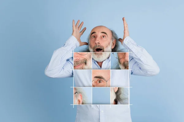 Colagem de arte criativa de homem sênior mostrando emoção expressiva isolada sobre fundo azul. Efeito facial intrigante — Fotografia de Stock