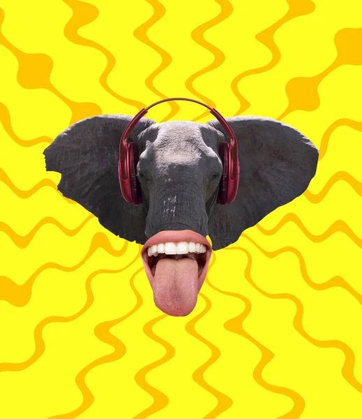 हेडफ़ोन और मानव मुंह में हाथी के सिर का समकालीन कला कोलेज पीले पृष्ठभूमि पर अलग — स्टॉक फ़ोटो, इमेज