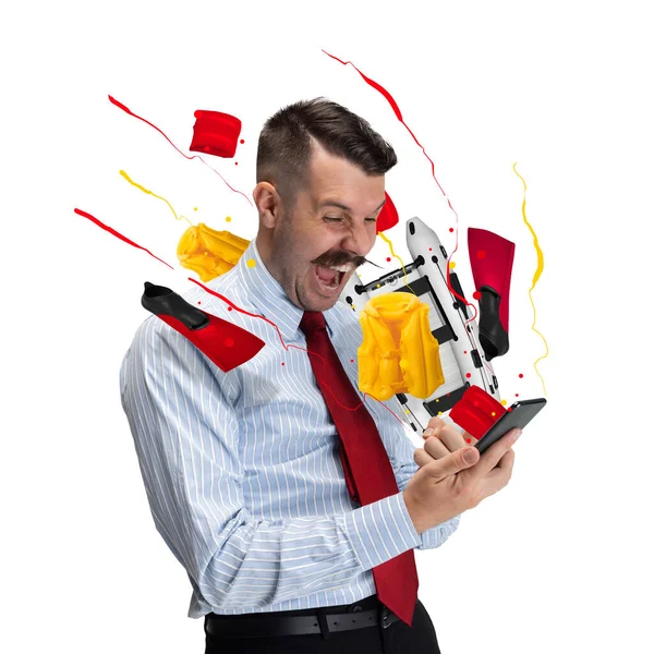 Contemporary artwork of excited man buying sports equipment online — Stock Photo, Image