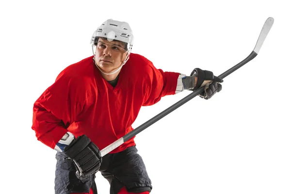 身穿红色制服的职业曲棍球选手的剪影，背景为白色 — 图库照片