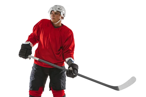 Cropped portrait of team leader, professional hockey player isolated over white background — Stock Photo, Image