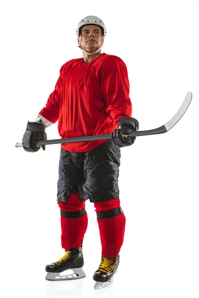 Full-length portrait of team leader, professional hockey player isolated over white background — Stock Photo, Image