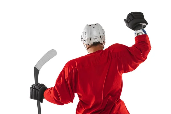 Gesneden portret van mannelijke professionele hockeyspeler in speciaal uniform geïsoleerd over witte achtergrond. Achteraanzicht — Stockfoto