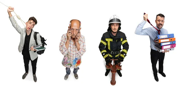 Composición creativa de cuatro personas de diferentes profesiones, estudiante, artista, bombero, empleado aislado sobre fondo blanco. Collage. —  Fotos de Stock