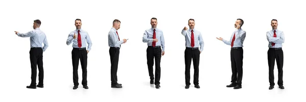 Full-length collage of employee standing in different directions isolated on white background — Stock Photo, Image