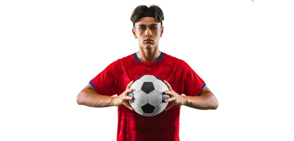 Porträt Eines Ernst Aussehenden Männlichen Fußballspielers Uniform Isoliert Vor Weißem — Stockfoto