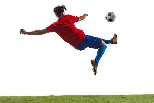 Avance Professionnelle Activité Entraînement Match Jeune Footballeur Caucasien Entraîne Isolé — Photo