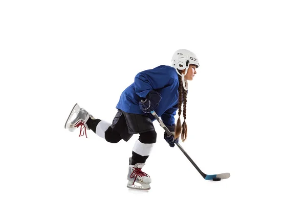 Retrato completo de niña, jugador de hockey aislado sobre fondo negro — Foto de Stock