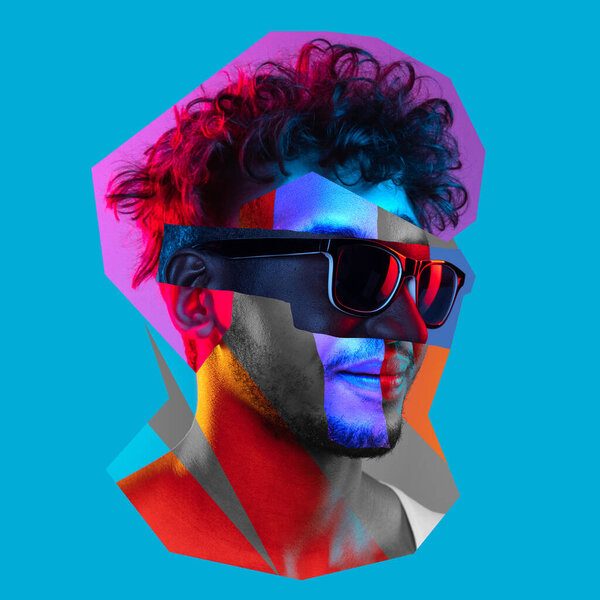 Contemporary art collage of young male portrait made of different pieces of faces. Concept of multiethnic, hipster