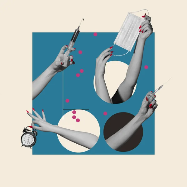 Collage de arte contemporáneo de manos humanas sosteniendo jeringa, máscara protectora. Concepto de vacunación —  Fotos de Stock