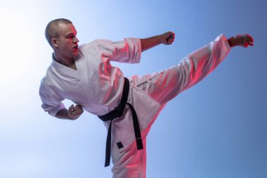 Kimonolu yakışıklı beyaz adamın portresi. Gradyan beyaz arka planda dövüş sanatı eğitimi veriyor. Karate, judo, tekvando sporu