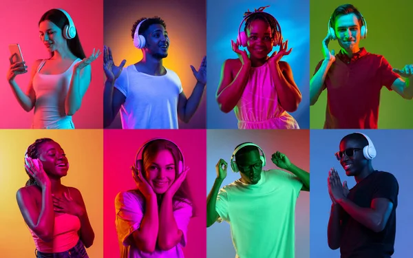 Collage von Porträts ethnisch unterschiedlicher junger Menschen, die Musik mit Kopfhörern hören, isoliert vor buntem Hintergrund. — Stockfoto