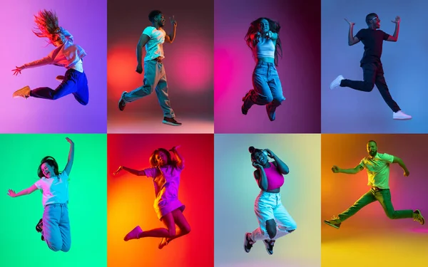 Collage van een etnisch diverse jonge mensen vrolijk springen geïsoleerd over veelkleurige achtergrond. — Stockfoto