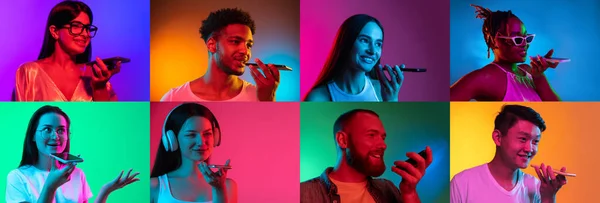 Collage av en etniskt olika ungdomar inspelning röst budskap isolerad över flerfärgad bakgrund. — Stockfoto