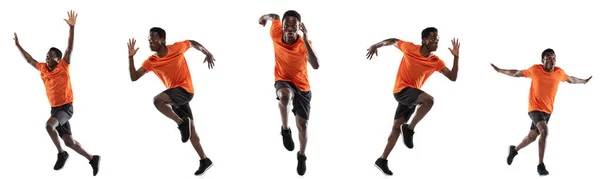Collage deportivo. Joven corredor masculino profesional en movimiento aislado sobre fondo blanco. Volante —  Fotos de Stock