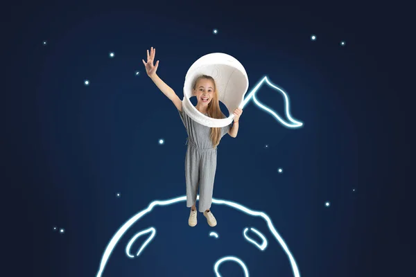 Creative art cocollage of little girl standing on drawn planet isolated over dark blue background with white space images — Stock Photo, Image