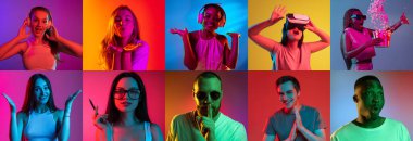 Çok renkli arka planda izole edilmiş bir neşe içinde etnik çeşitlilikteki insanların portrelerinin kolajı.