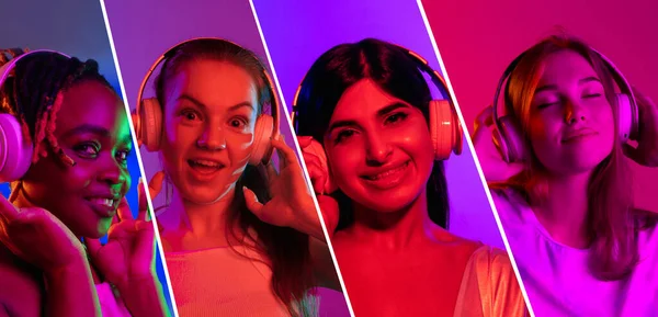 Koláž portrétů mladých krásných žen ve sluchátkách izolovaných přes pestrobarevné pozadí. — Stock fotografie