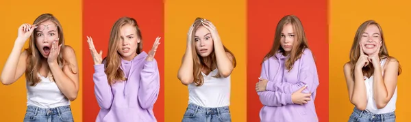 Colagem de retratos de jovem bela menina caucasiana isolado sobre fundos multicoloridos. Expressão de humor diferente — Fotografia de Stock