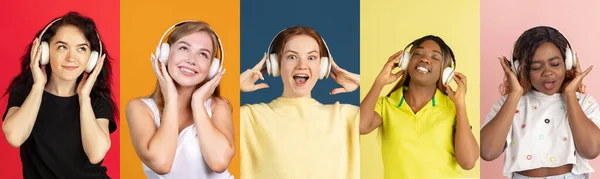 Collage of an ethnically diverse young women in headphones listening to music isolated over multicolored background. — Stock Photo, Image