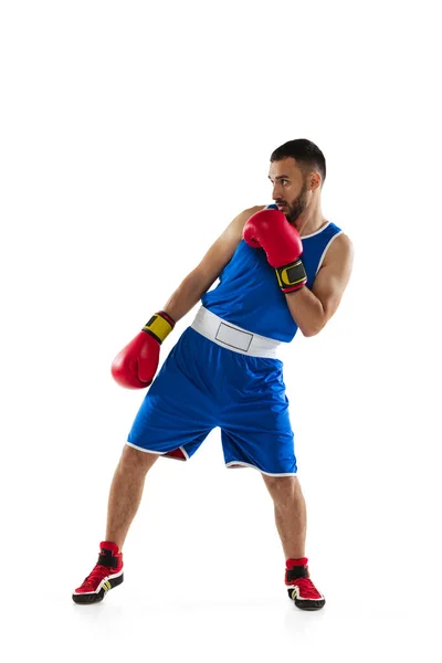 Retrato de un boxeador profesional en entrenamiento con guantes, ejercitando aislado sobre fondo blanco — Foto de Stock