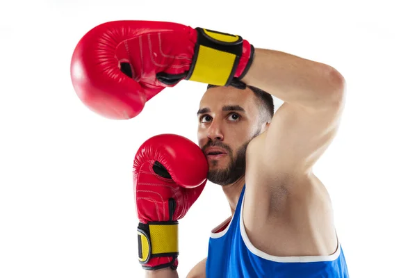 Portret van een professionele bokser in blauw uniform training geïsoleerd over witte achtergrond. Knock-out — Stockfoto