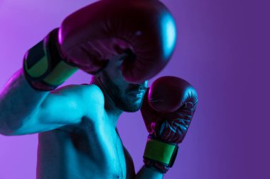 Bir profesyonel erkek boksör eğitimi, mor arka plan üzerinde izole edilmiş, neon ışıkta. Karşıt saldırı. Yumruk